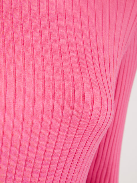 Ladies Pink Roll Neck Ribbed Long Sleeve Spring Jumper