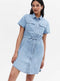 Ladies Pale Blue Denim Tie Waist Mini Shirt Dress