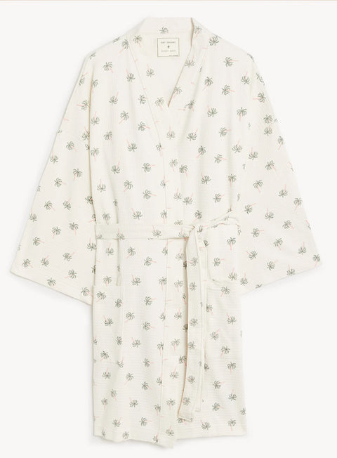 Ladies Pure Cotton Waffle Palm Print Dressing Gown