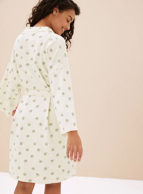 Ladies Pure Cotton Waffle Palm Print Dressing Gown