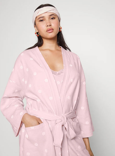 Ladies Pure Cotton Waffle Dressing Gown Floral Print Pink Yellow