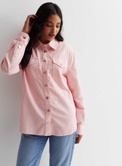 Ladies Cotton Denim Oversized Shirt In Pink & Khaki