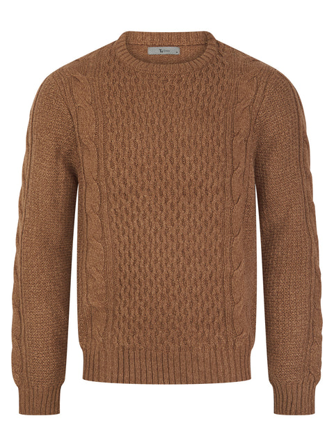 Mens Cable Knit Soft Feel Jumper In Brown & Plum Part Wool