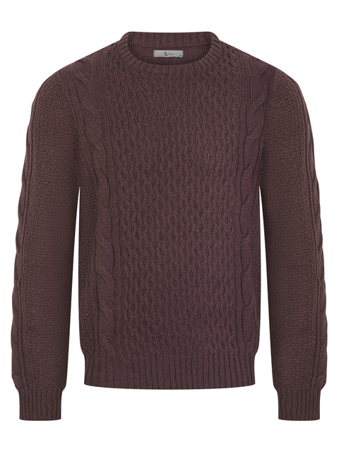 Mens Cable Knit Soft Feel Jumper In Brown & Plum Part Wool