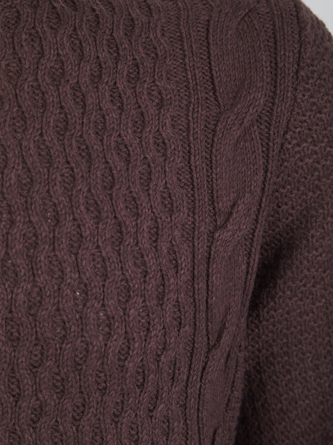 Mens Cable Knit Soft Feel Jumper In Brown & Plum Part Wool