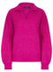 Ladies V Neck Ribbed Collared Cable Knit Jumper Pink / Purple