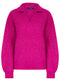 Ladies V Neck Ribbed Collared Cable Knit Jumper Pink / Purple
