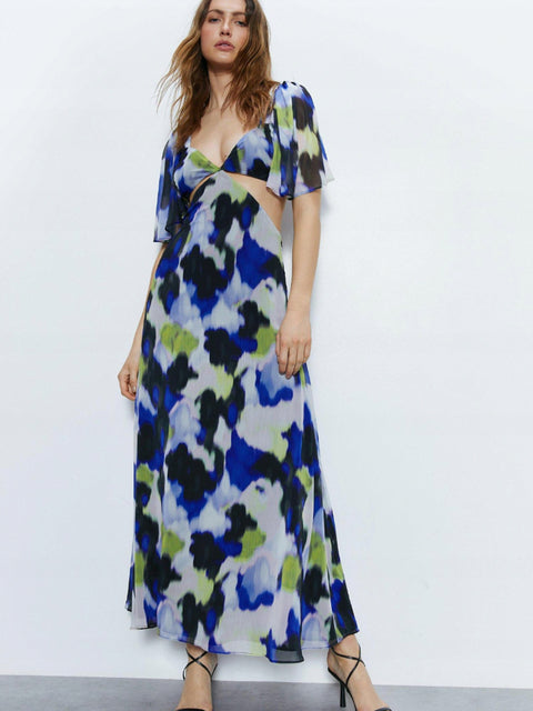 Ladies Print Boho Maxi Dress Cut out Front