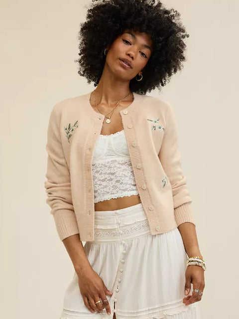 Ladies Aerie Softest Classic Cardigan Floral Embroidered