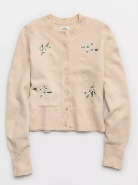 Ladies Aerie Softest Classic Cardigan Floral Embroidered