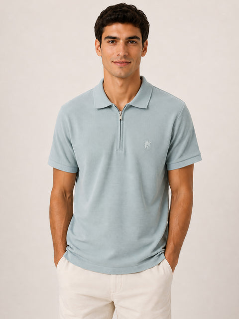 Mens Ribbed Pique Polo Shirt Casual Short Sleeve