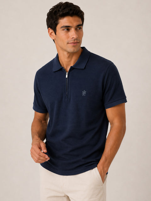 Mens Ribbed Pique Polo Shirt Casual Short Sleeve