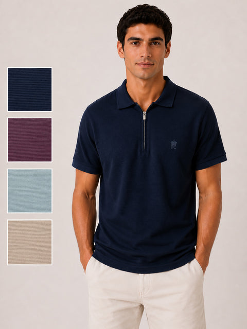 Mens Ribbed Pique Polo Shirt Casual Short Sleeve