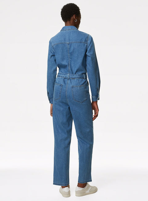 Ladies Blue Denim Belted Jumpsuit