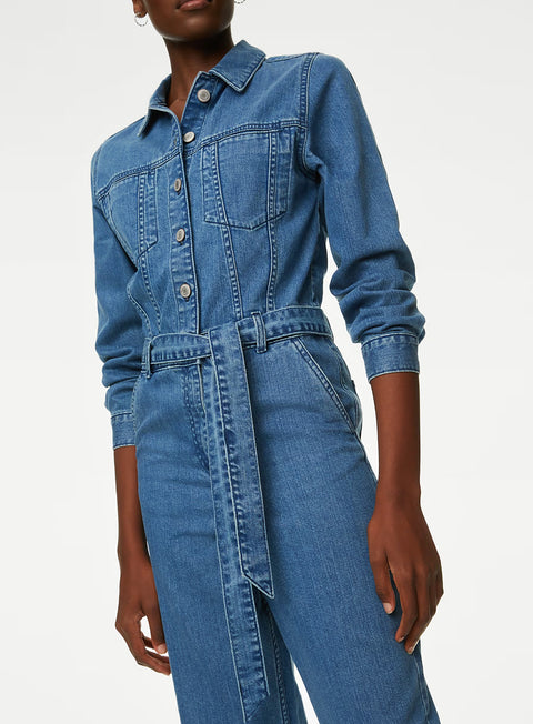 Ladies Blue Denim Belted Jumpsuit
