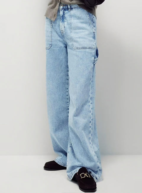 Womens Relaxed High Waisted Carpenter Wide Leg Jeans in Light Blue