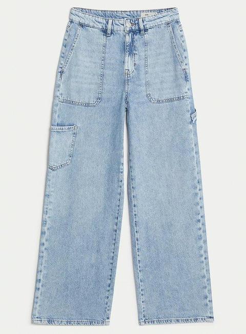 Womens Relaxed High Waisted Carpenter Wide Leg Jeans in Light Blue