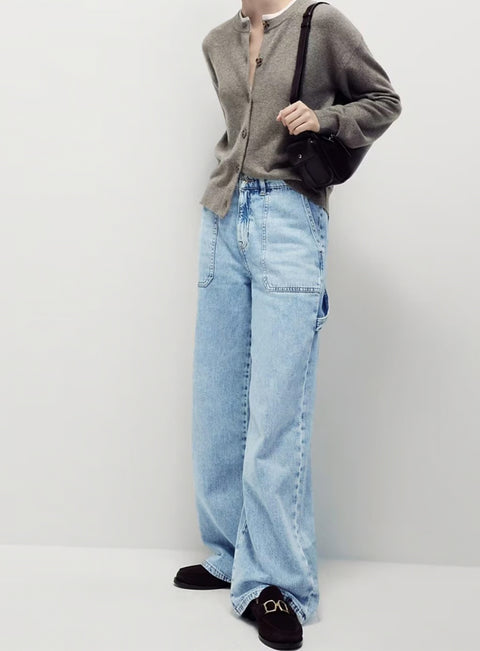Womens Relaxed High Waisted Carpenter Wide Leg Jeans in Light Blue