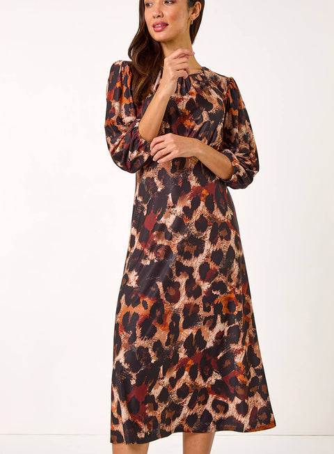 Tan Animal Print Gathered Stretch Midi Dress