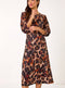 Tan Animal Print Gathered Stretch Midi Dress