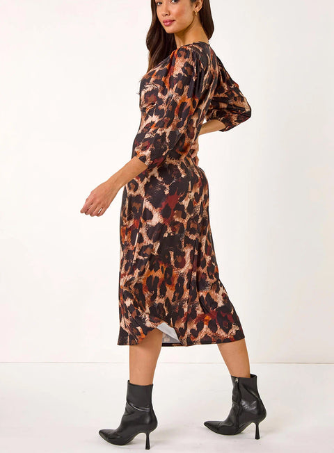 Tan Animal Print Gathered Stretch Midi Dress