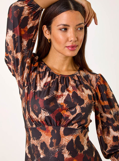 Tan Animal Print Gathered Stretch Midi Dress