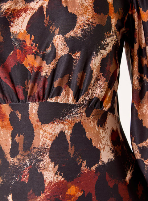 Tan Animal Print Gathered Stretch Midi Dress