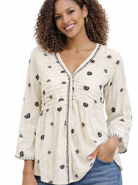Ladies Ivory Boho Embroidered Detail Blouse