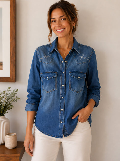Blue Embroidered Seam Detail Fitted Denim Western 100% Cotton Shirt
