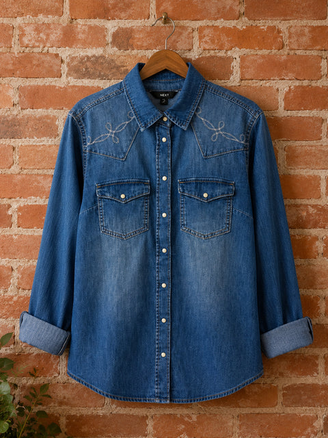 Blue Embroidered Seam Detail Fitted Denim Western 100% Cotton Shirt