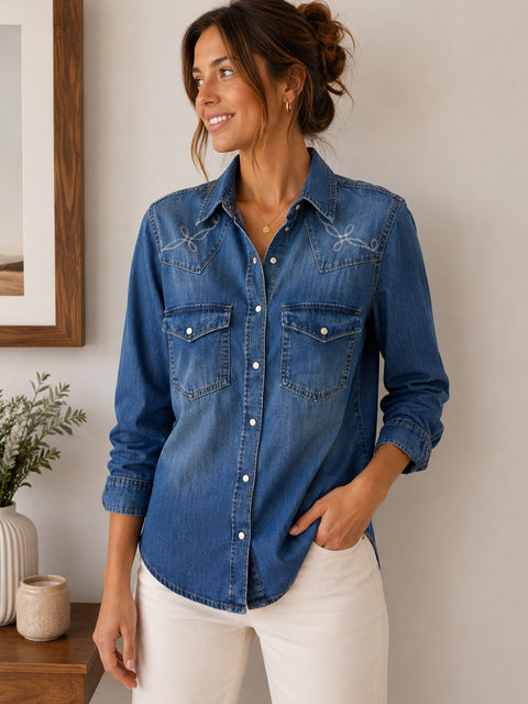 Blue Embroidered Seam Detail Fitted Denim Western 100% Cotton Shirt