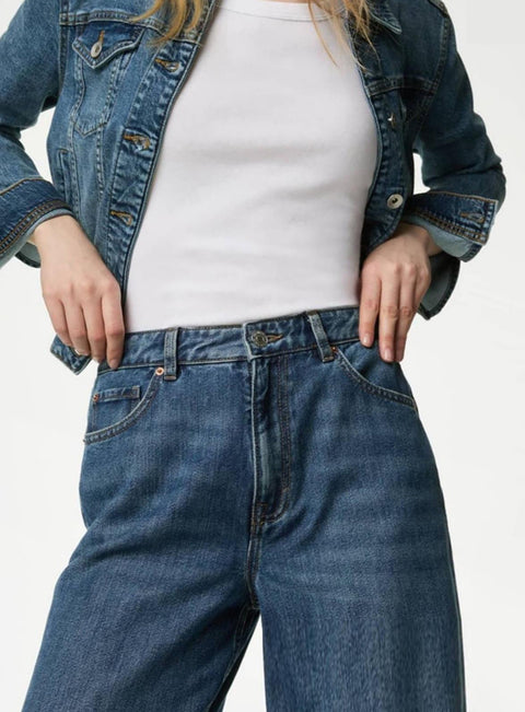 Ladies Slouchy Mid Rise Wide Leg Jeans