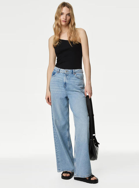 Ladies Slouchy Mid Rise Wide Leg Jeans