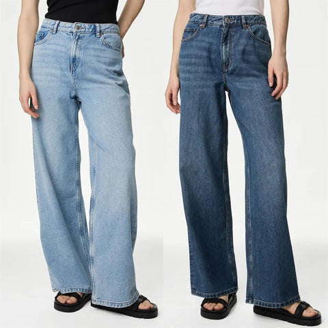 Ladies Slouchy Mid Rise Wide Leg Jeans