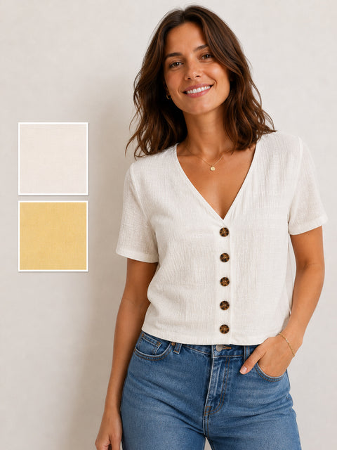 Ladies Button Through Blouse Top Cream & Lemon