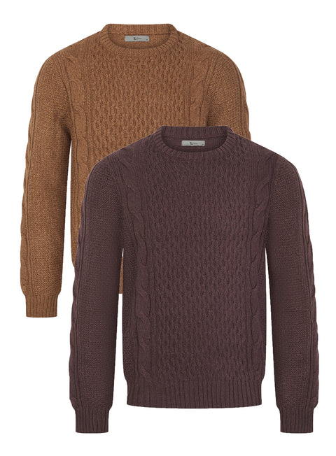 Mens Cable Knit Soft Feel Jumper In Brown & Plum Part Wool