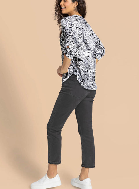 Ladies Black Aztec Print Buttoned Tunic Top