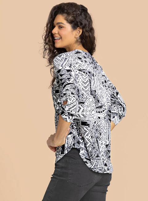 Ladies Black Aztec Print Buttoned Tunic Top