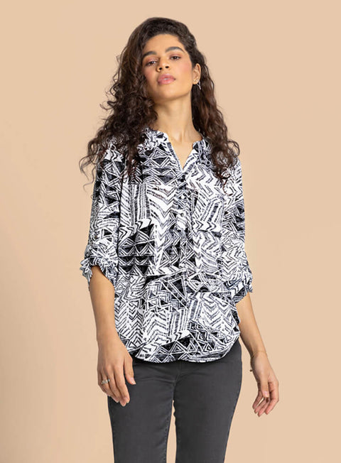 Ladies Black Aztec Print Buttoned Tunic Top
