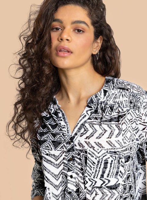 Ladies Black Aztec Print Buttoned Tunic Top