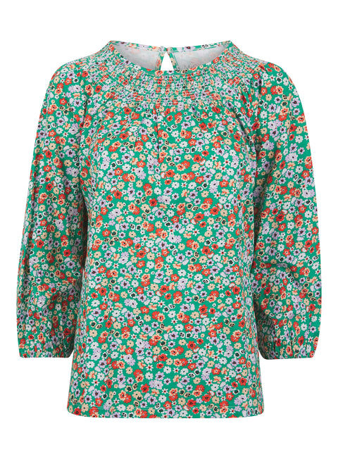 Ladies Green Floral Print Shirred Neck Blouse