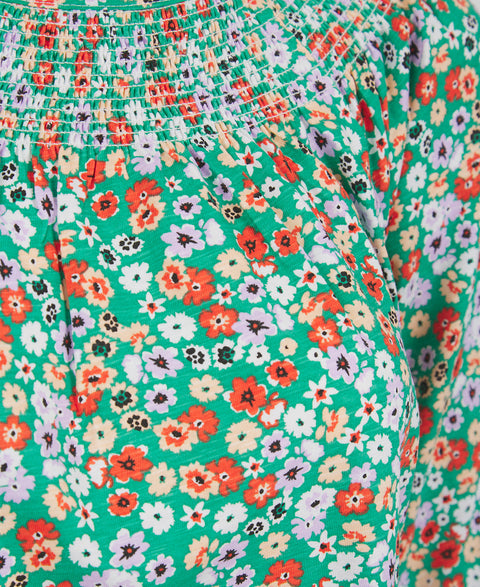 Ladies Green Floral Print Shirred Neck Blouse
