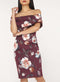 Ex Dorothy Perkins Petite Wine Floral Print Bardot Pencil Dress