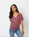 Ladies Tie Knot V-Neck Front Linen Look Top Blouse